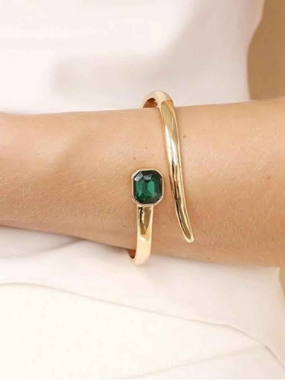 ettika Gold Open Cuff Bracelet with Green Gem